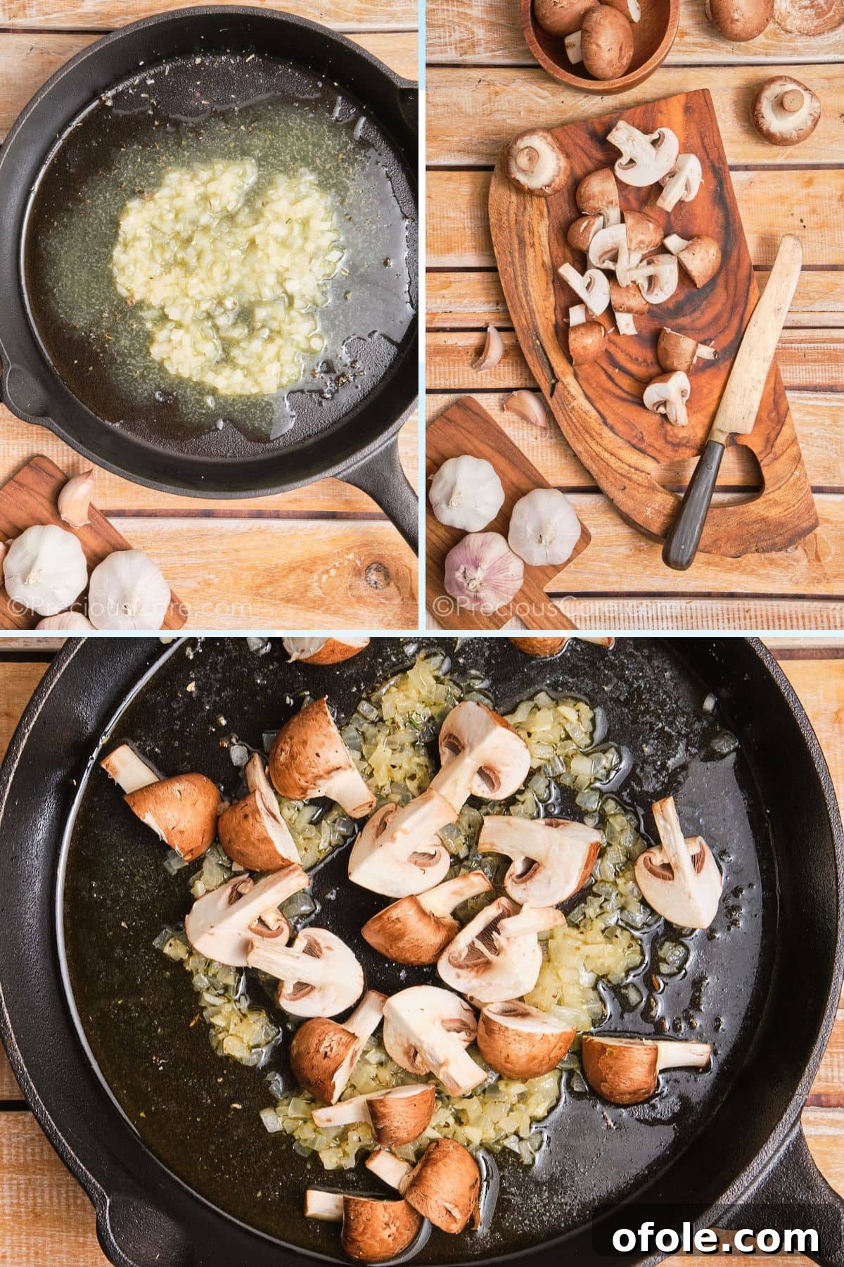 Land and Sea Pasta 10 Sautéing onion, garlic, and mushrooms.