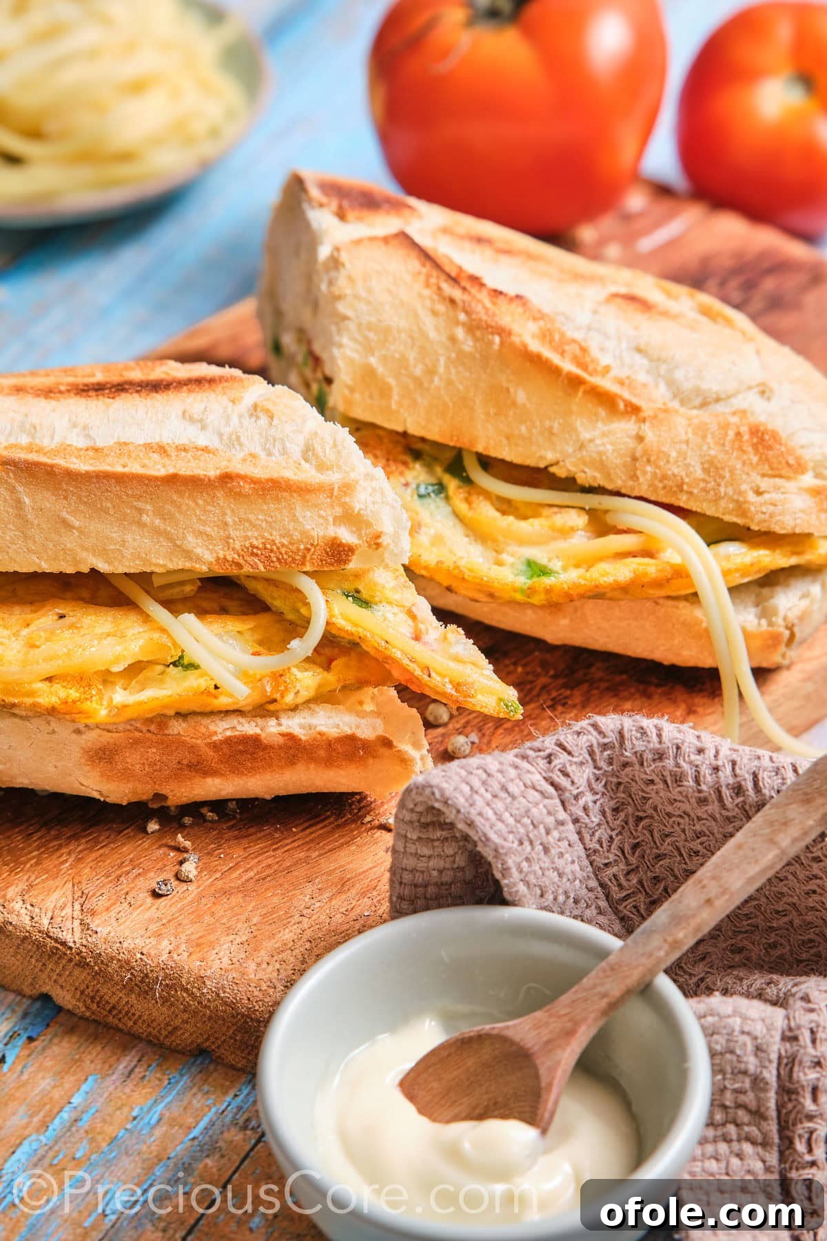 Cameroon's Signature Spaghetti Omelette Sandwich 2 French baguette stuffed with spaghetti omelette and cut in half, revealing the delicious filling.