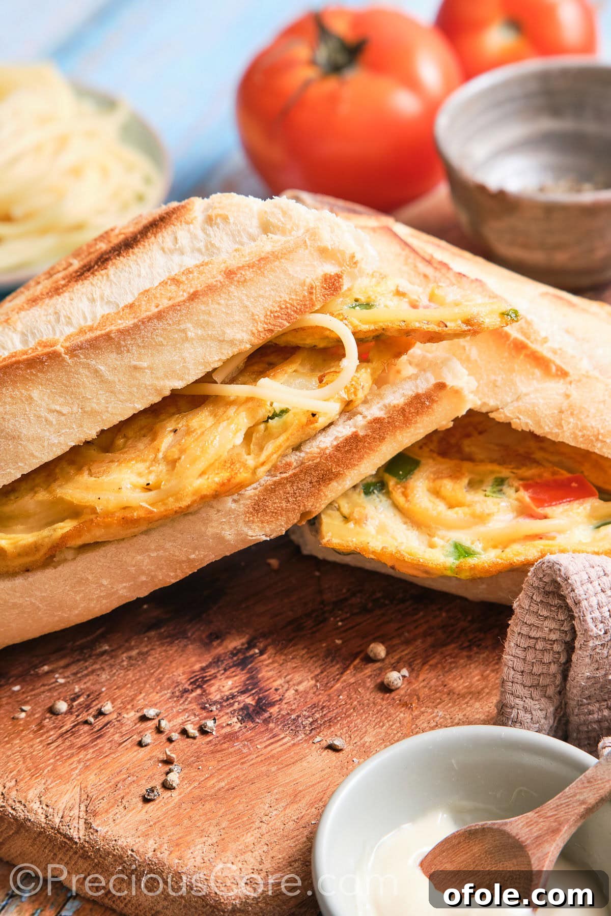 Cameroon's Signature Spaghetti Omelette Sandwich 13 A delicious spaghetti omelette sandwich, neatly cut in half and ready to be served, showcasing its flavorful layers.
