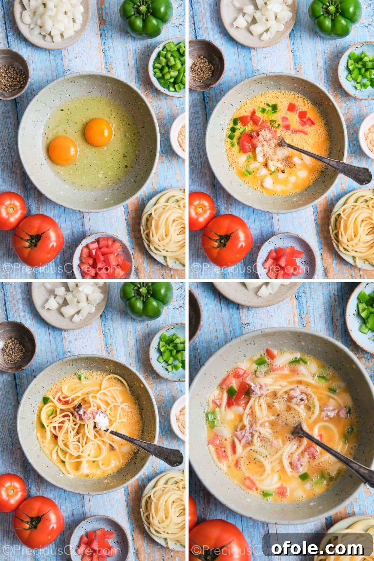 Cameroon's Signature Spaghetti Omelette Sandwich 6 Step-by-step shots illustrating the preparation of the spaghetti omelette mixture in a bowl.