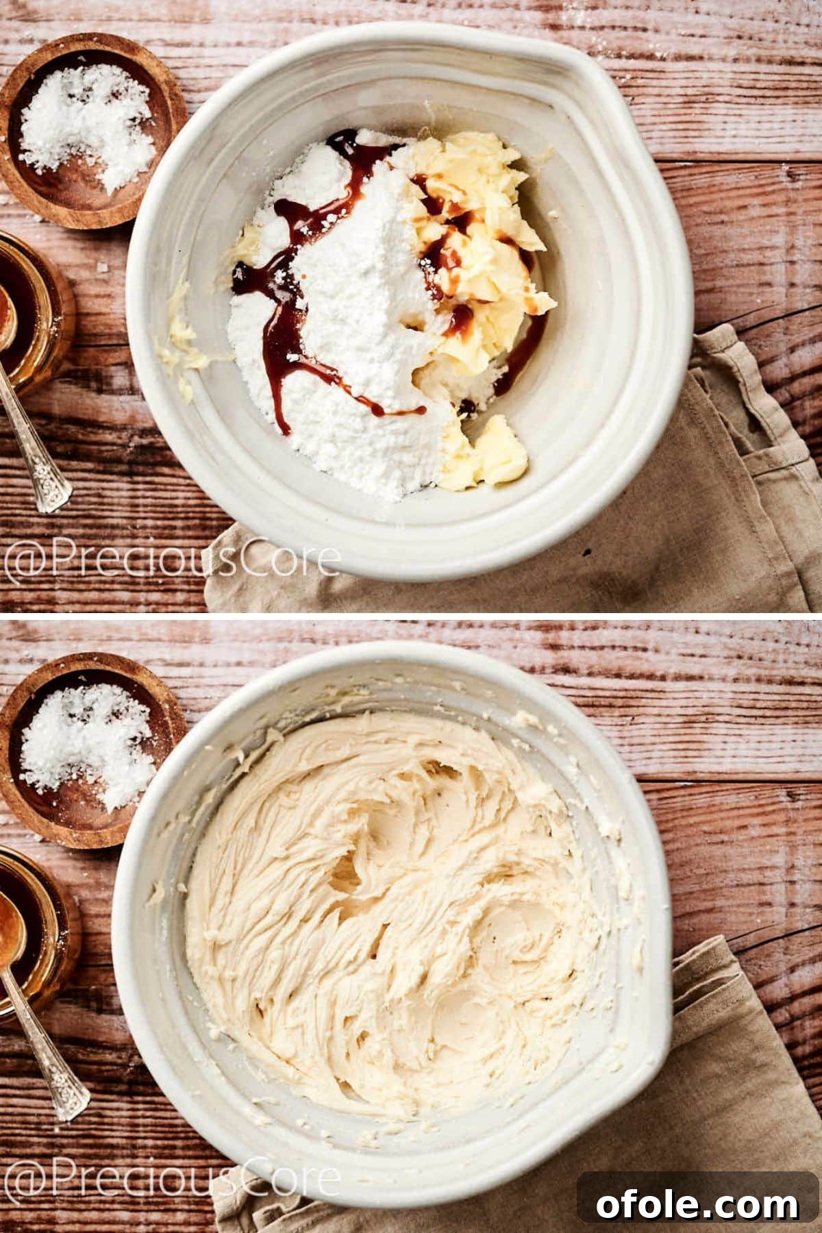 Salted Caramel Dream Cake 12 Ingredients for creamy caramel buttercream being mixed together in a large bowl.