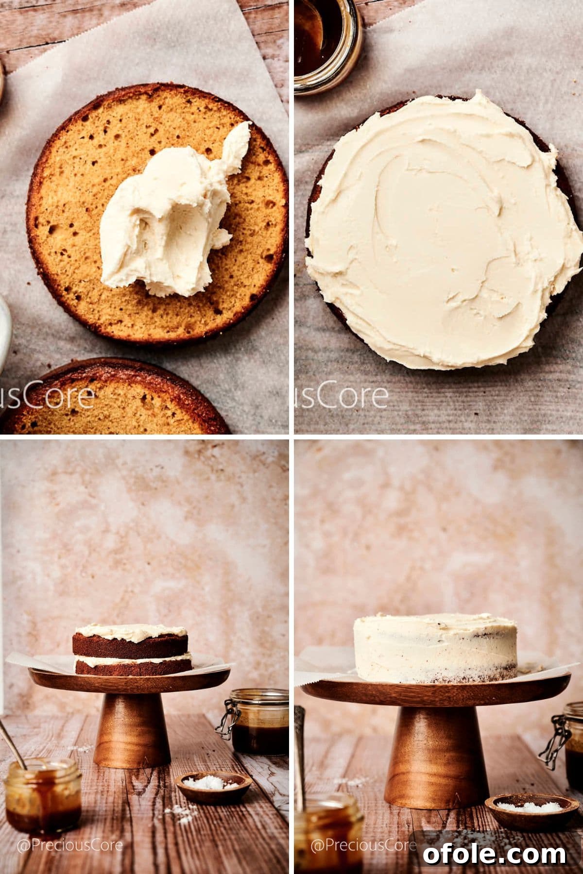 Salted Caramel Dream Cake 13 The process of assembling a salted caramel cake, showing layers of sponge and buttercream.