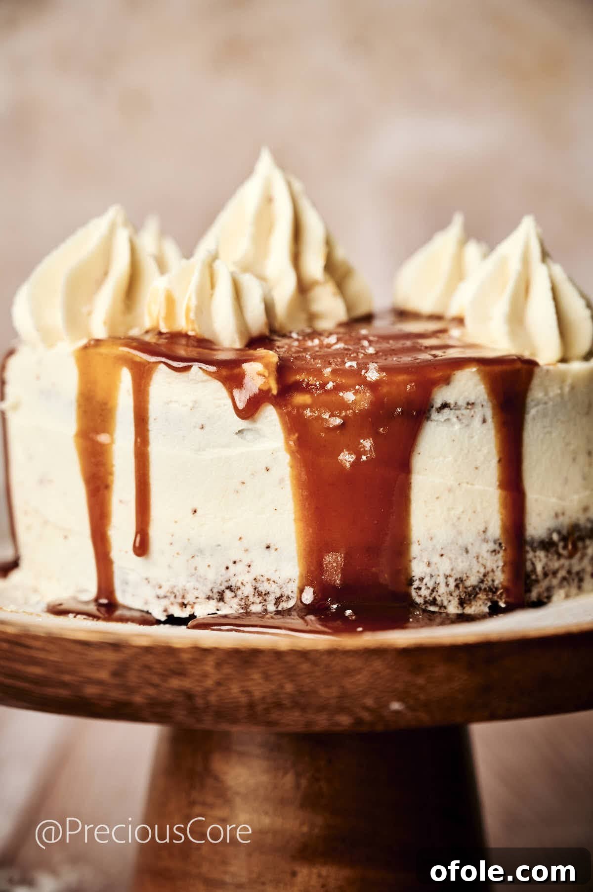 Salted Caramel Dream Cake 3 Salted Caramel Cake on an elegant cake stand with rich caramel dripping invitingly down its sides.