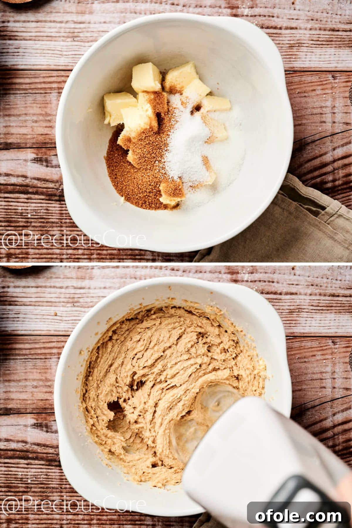 Salted Caramel Dream Cake 7 Softened butter, sugars, and caramel sauce being creamed together in a large mixing bowl.