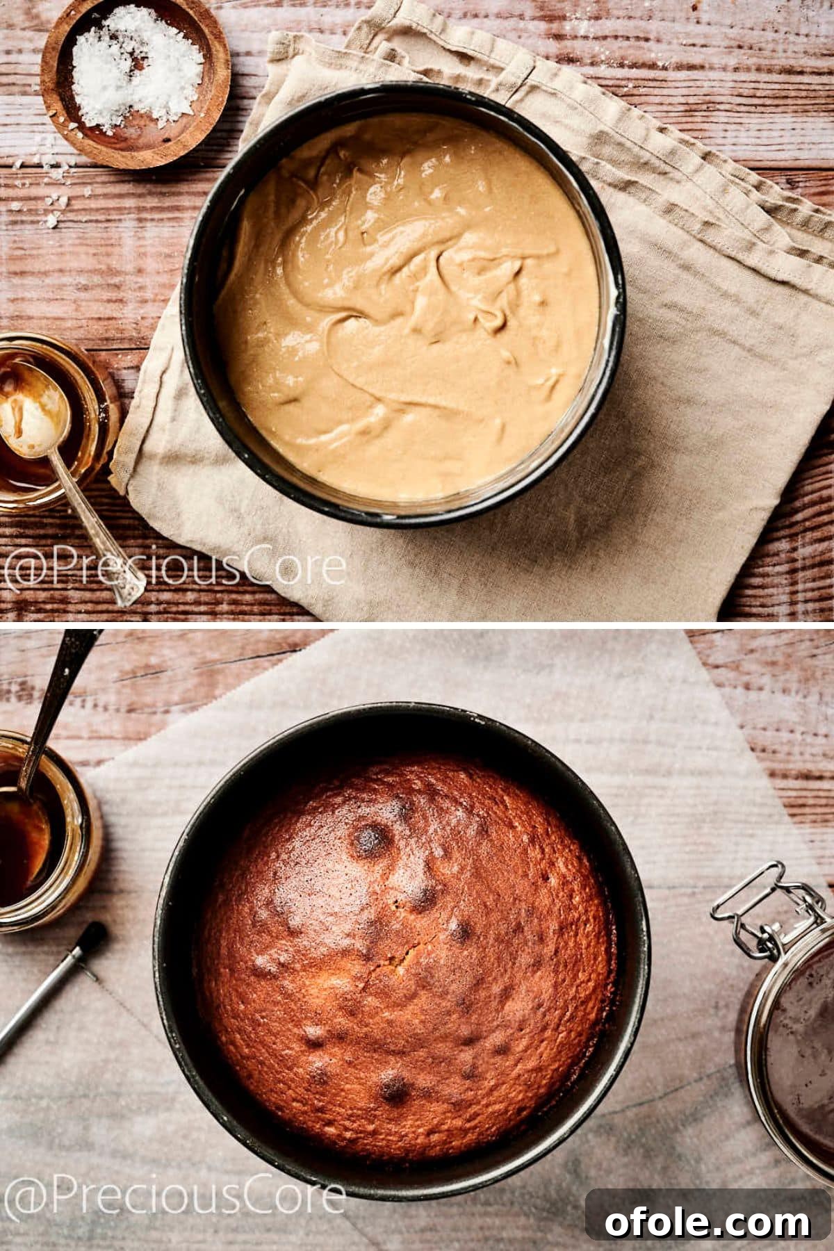 Salted Caramel Dream Cake 10 A round cake pan filled with batter, baking to a golden perfection in the oven.