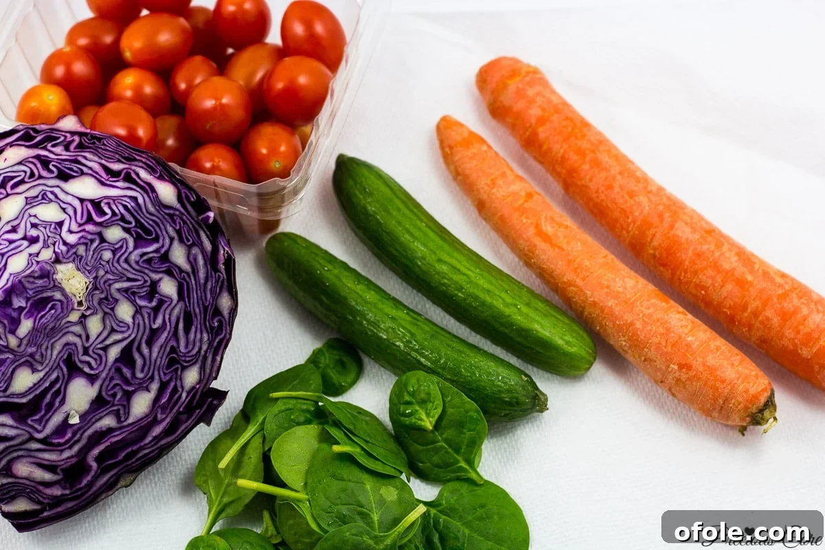 Crimson & Emerald Harvest 4 Collection of fresh ingredients for a healthy spinach and red cabbage salad: crisp baby spinach, finely chopped red cabbage, sweet grape tomatoes, hydrating cucumber slices, and vibrant shredded carrots