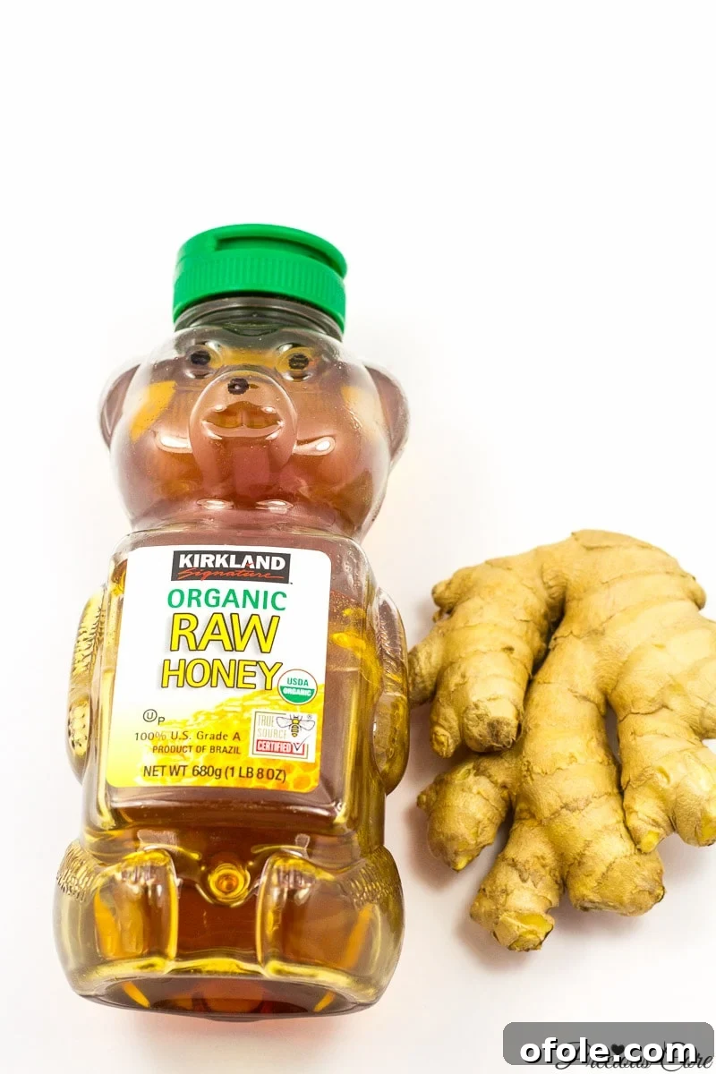 Zesty Ginger Brew 6 Ingredients for ginger drink, featuring fresh ginger root and a jar of honey, laid out on a clean surface, emphasizing simplicity.