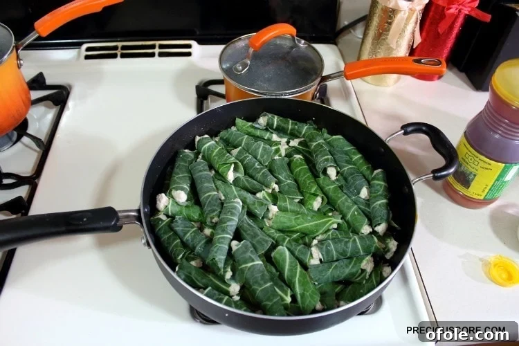 Many small cocoyam parcels, expertly wrapped in green leaves, arranged in a large skillet or pot, ready for the cooking stage.