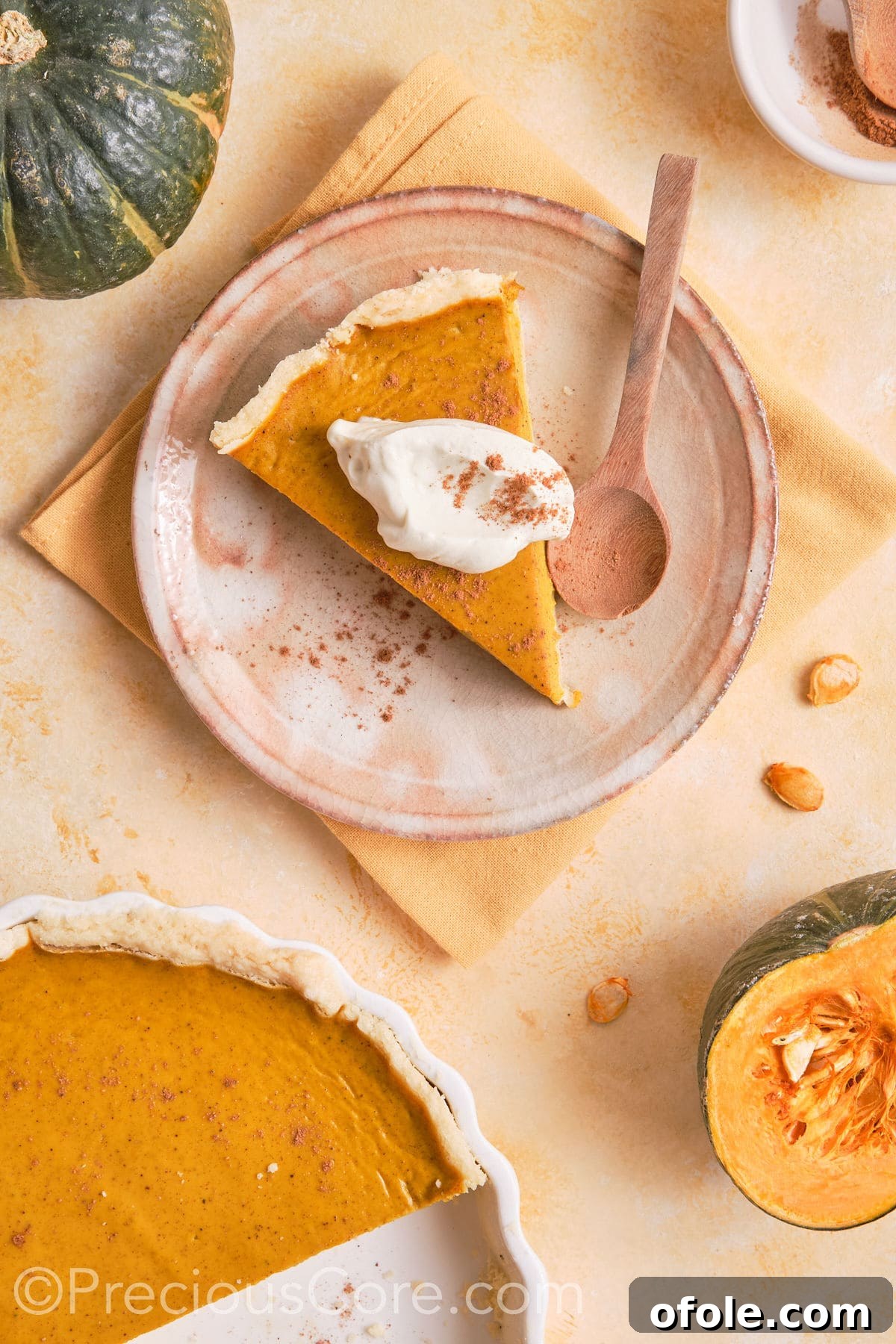 Creamy Pumpkin Pie Without Evaporated Milk 18 A perfect slice of homemade pumpkin pie, elegantly served on a white plate with a dollop of whipped cream and a sprinkle of spice.