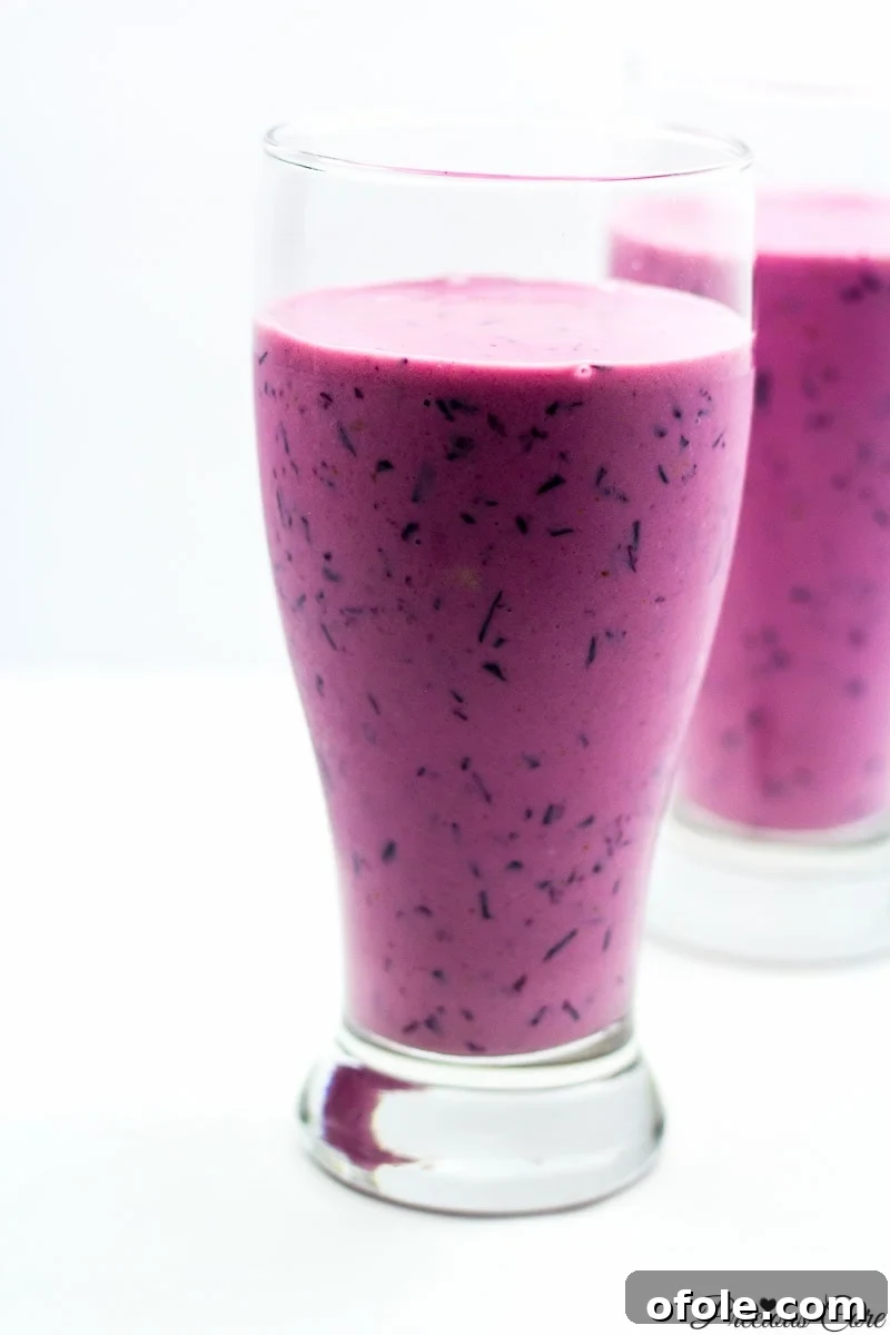 Simple Purple Perfection 3 Two tall glasses of delicious 4-ingredient purple smoothie.