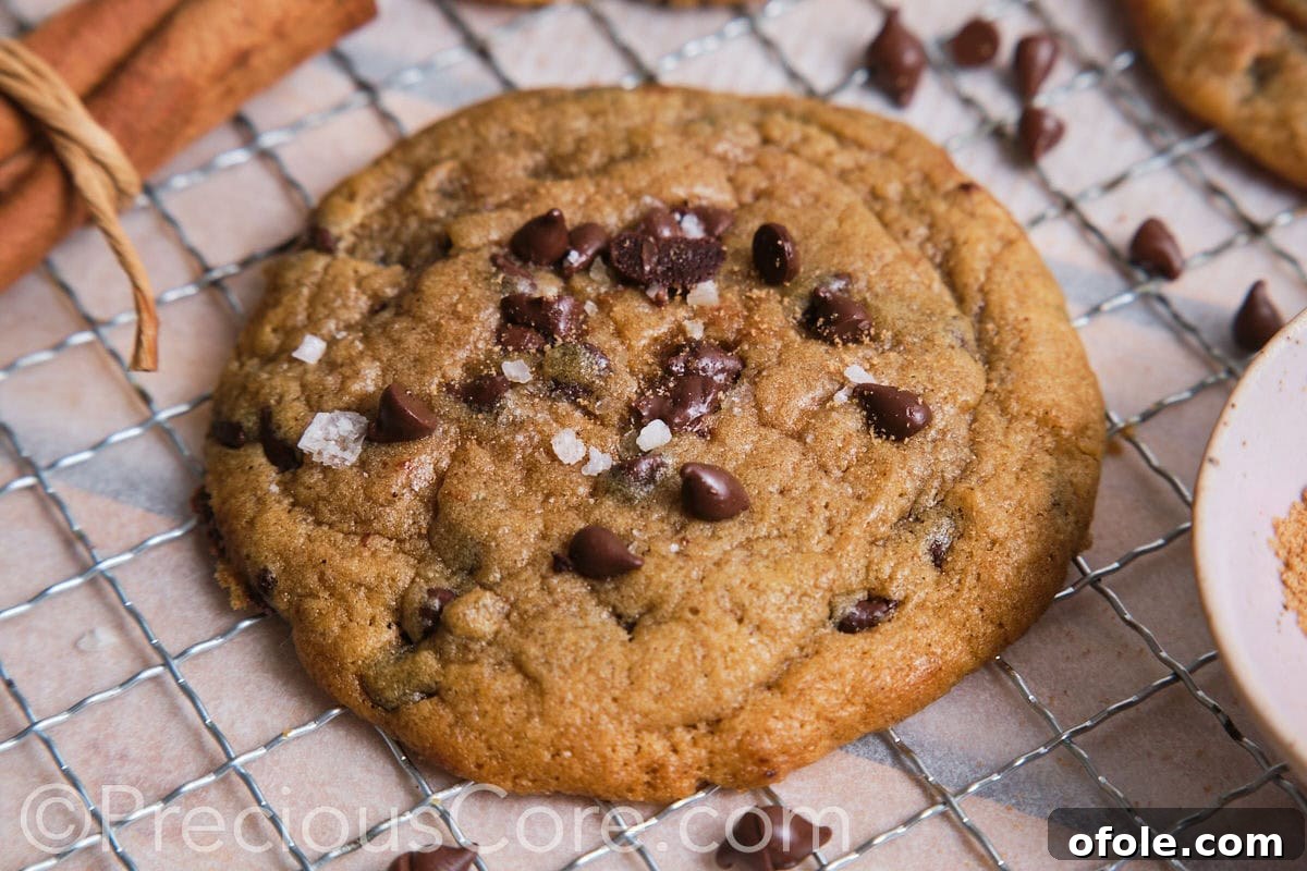 Close up of a large cookie topped with chocolate chips and sea salt.