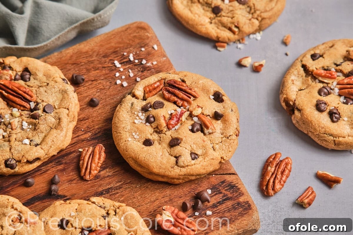 Decadent Brown Butter Pecan Delights 18 Pecan brown butter cookies, some elegantly topped with chocolate chips, presented on a rustic chopping board, ready for enjoyment.