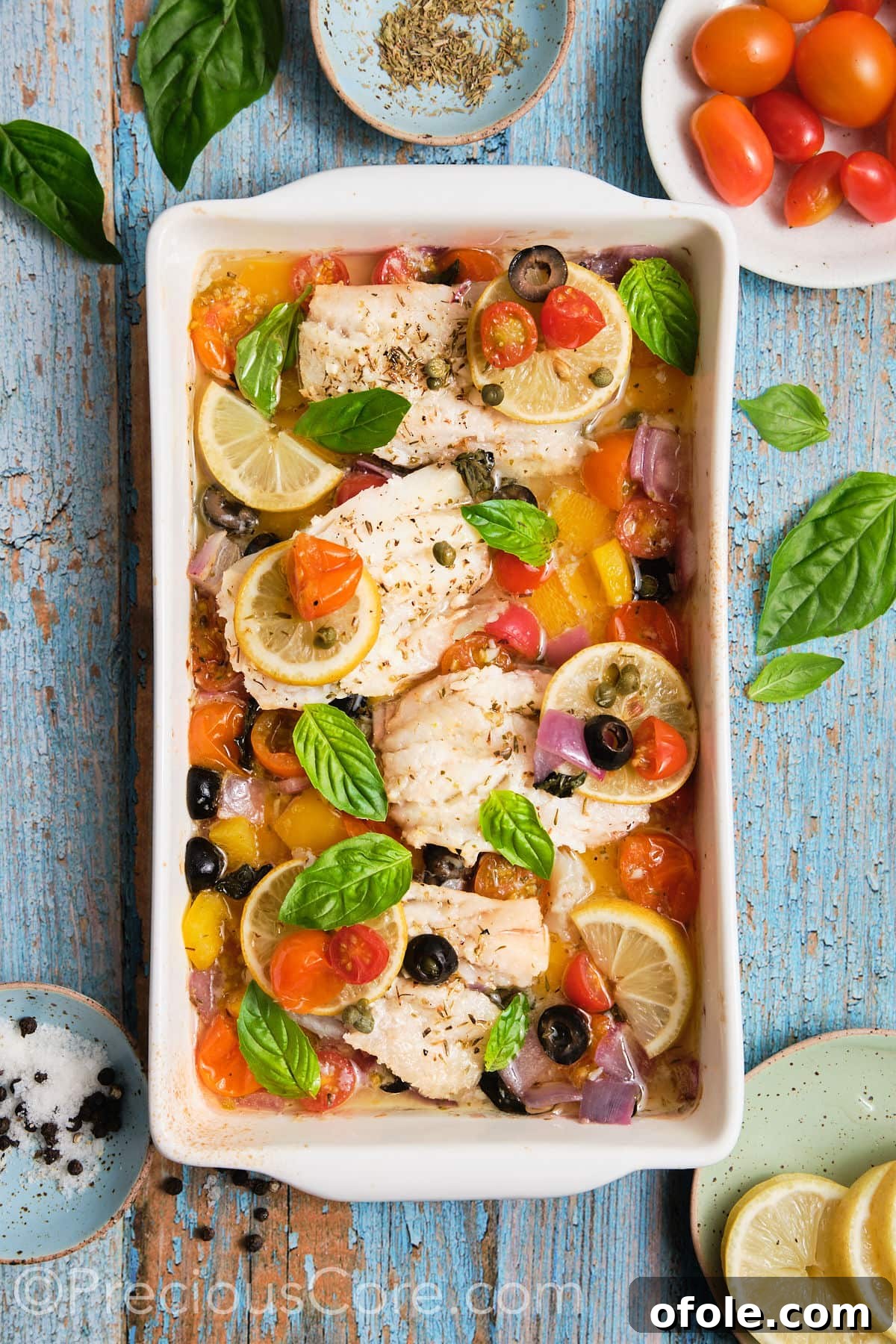 Vibrant Mediterranean Baked Fish 11 Mediterranean baked fish with veggies in a pan.