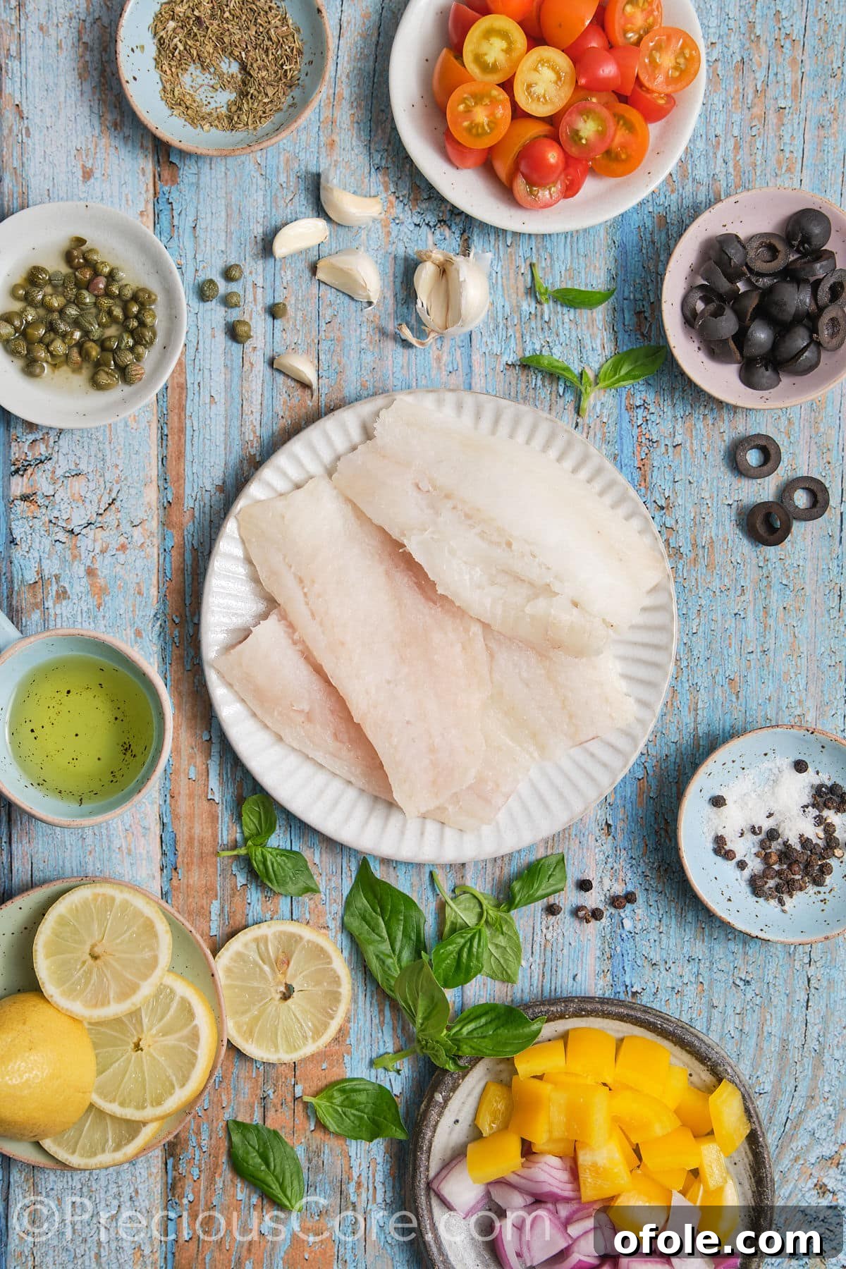 Vibrant Mediterranean Baked Fish 3 ingredients for the baked Mediterranean fish recipe.