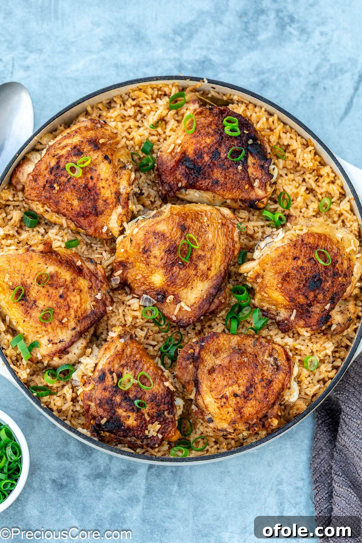 Savory One-Pot Chicken Thighs and Rice 2 One pot chicken thighs and rice topped with fresh chopped green onions, ready to serve.