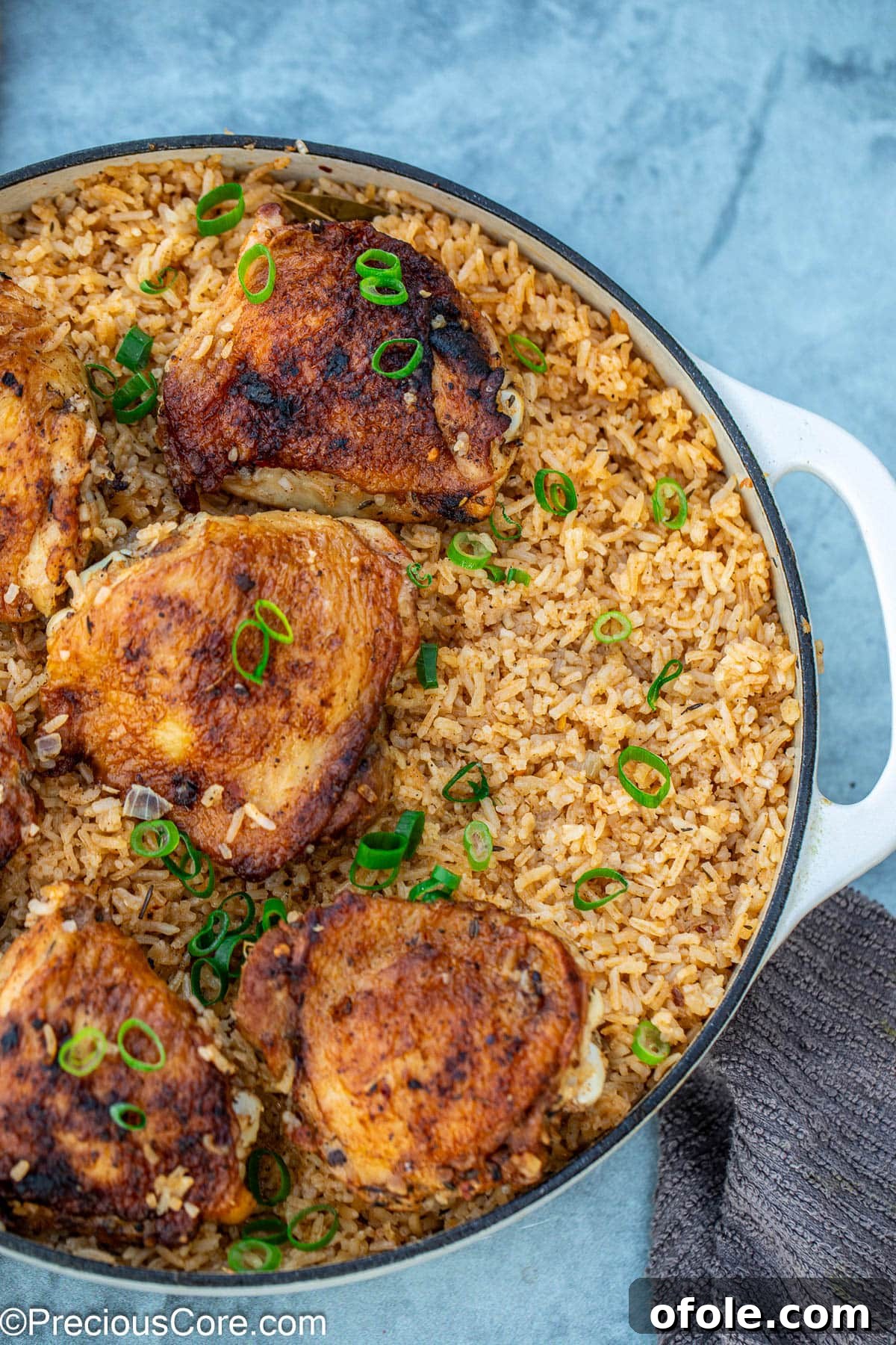 Savory One-Pot Chicken Thighs and Rice 13 A tantalizing close-up shot of the One Pot Chicken Thighs and Rice, showcasing its rich texture and vibrant colors.