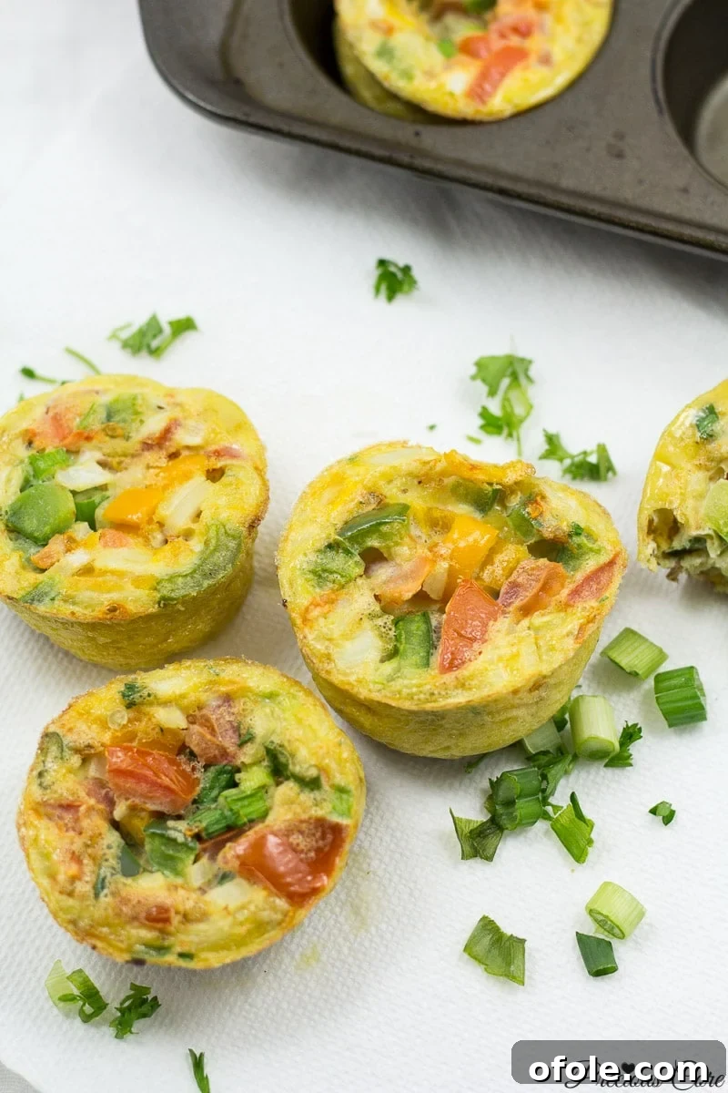 Savory Morning Bites 4 Close-up of a breakfast egg muffin with visible vegetables and a light, airy texture, ready to be enjoyed.
