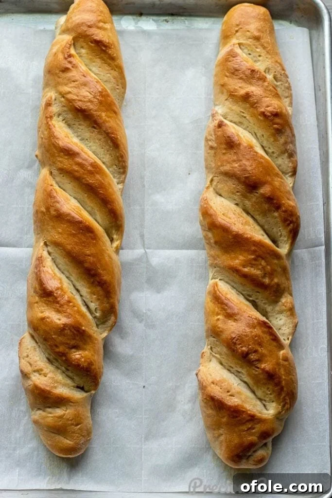 Effortless Crusty French Loaves 13 Four golden-brown French bread loaves on a large baking sheet, fresh out of the oven