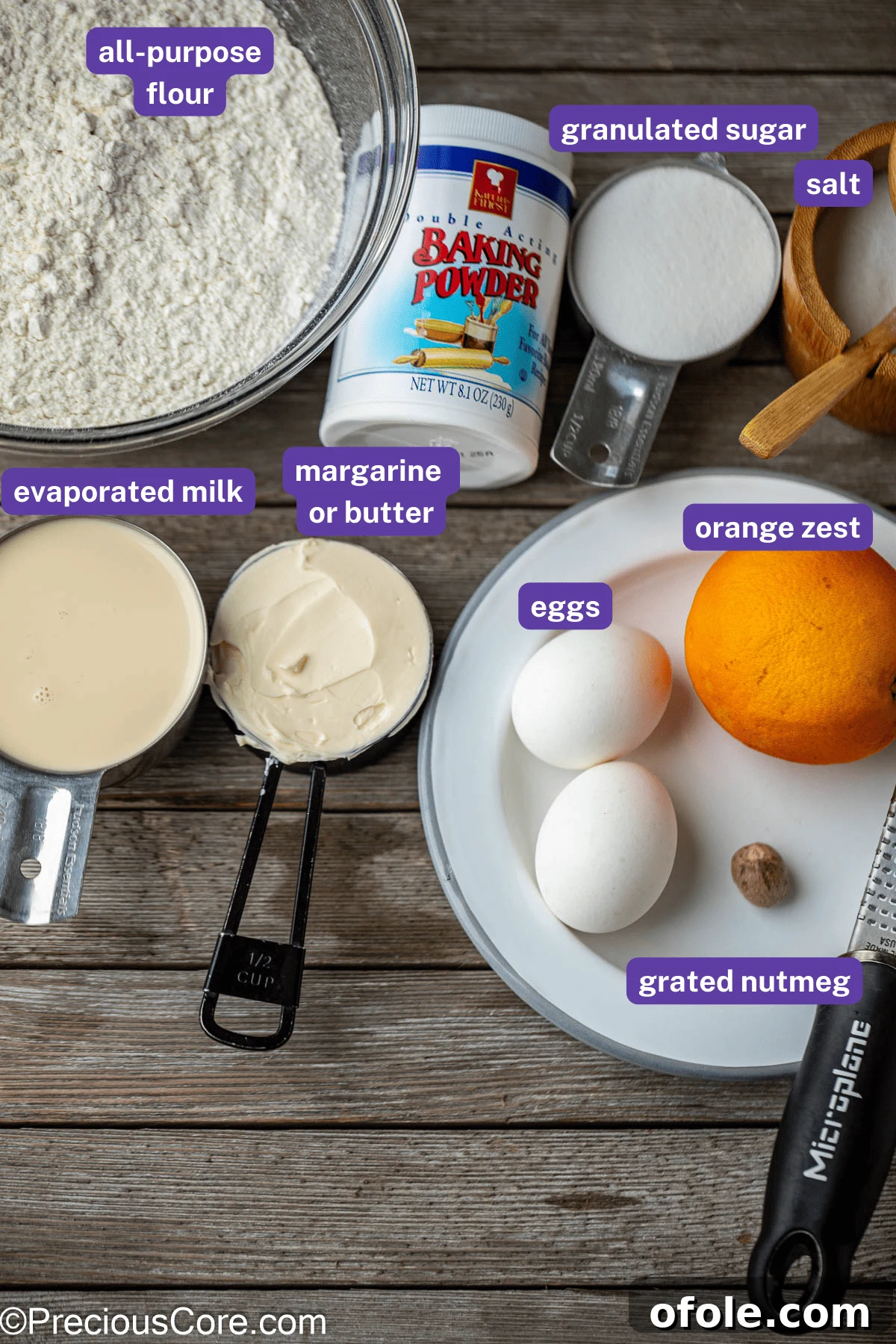 All essential ingredients for preparing Chin Chin neatly laid out on a kitchen counter.