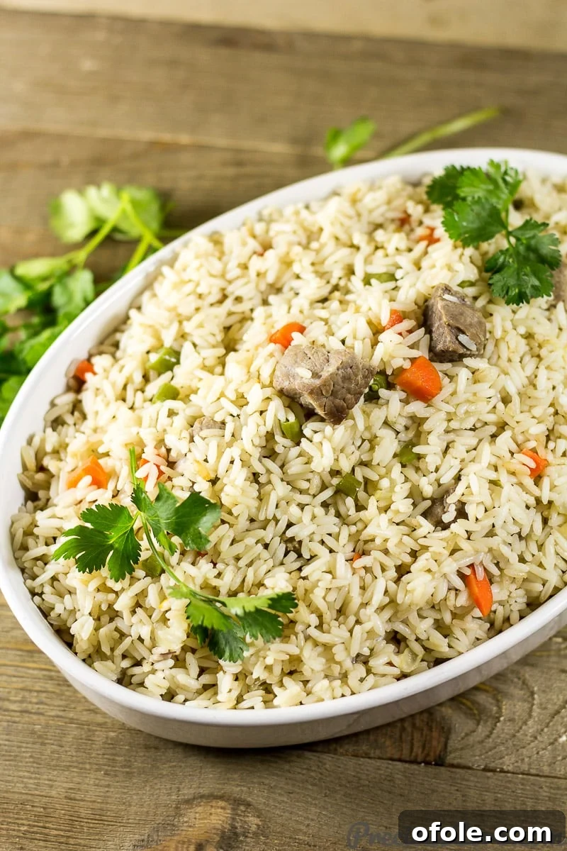 Bowl of delectable Cameroonian Coconut Rice, garnished and ready to serve.