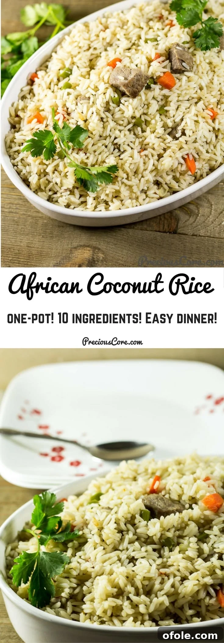 Collage with text "African Coconut Rice One-Pot! 10 Ingredients! Easy Dinner!" highlighting the simplicity and deliciousness of the recipe.