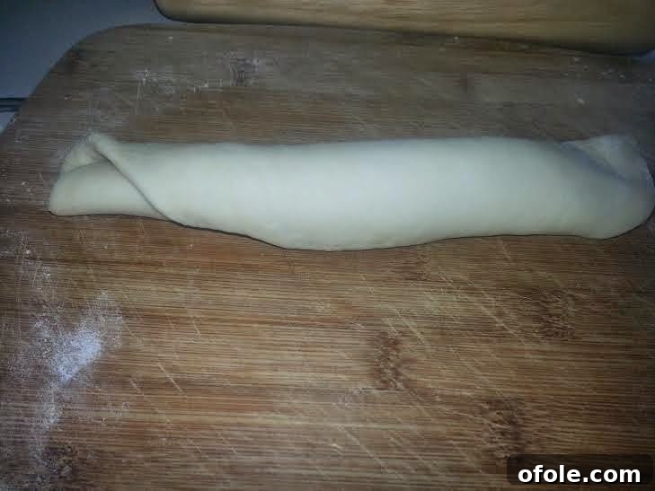 Rolling the Milk Bread Dough Dough being rolled from one end to the other to form a log.