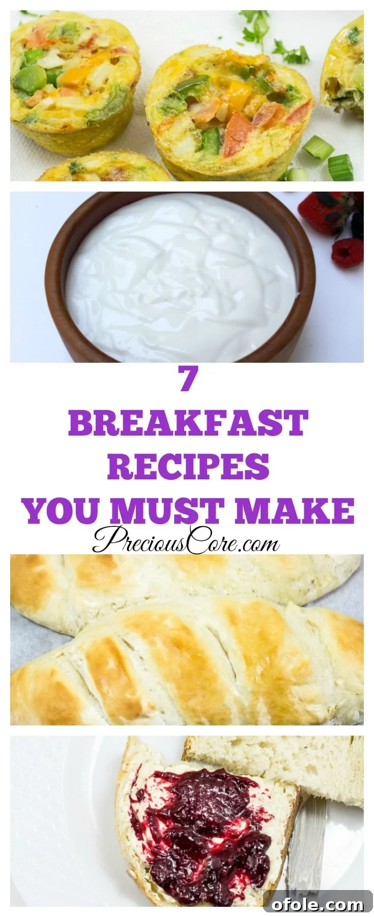 A collage of 7 delicious breakfast recipe ideas, ranging from make-ahead to fast and easy options.