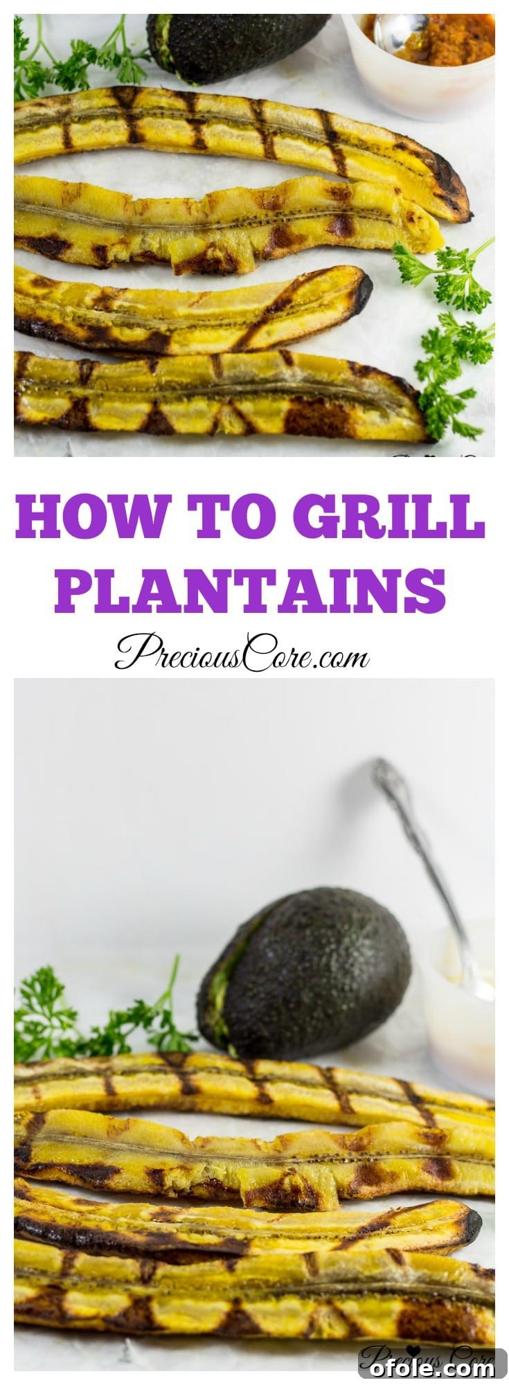 Perfectly grilled plantains arranged beautifully – an easy and healthy recipe for a delightful snack or side dish. The image emphasizes the golden-brown exterior and soft texture.