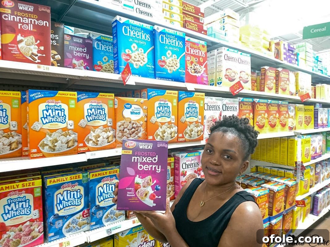 Vibrant Seven Layer Fruit Stack 4 Assortment of Post cereals displayed at Walmart, highlighting easy accessibility for consumers.