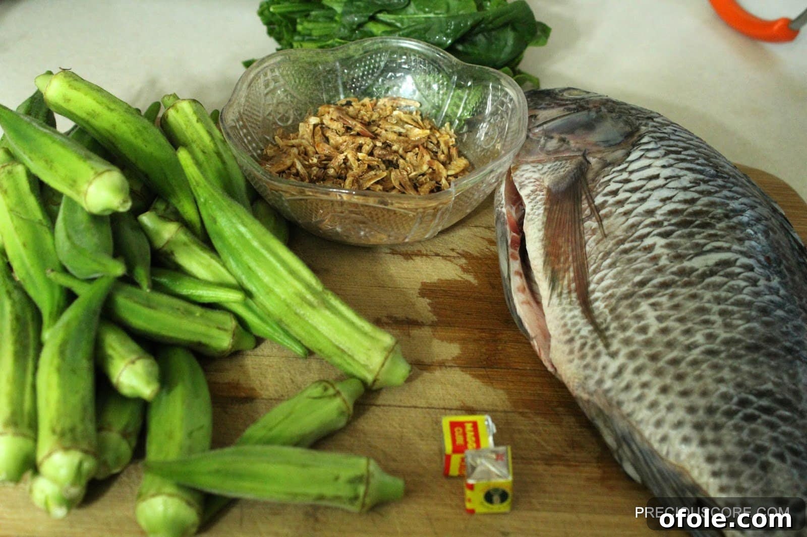 Effortless Okra Delight 3 Fresh Okra, Crayfish, and Spinach Ingredients