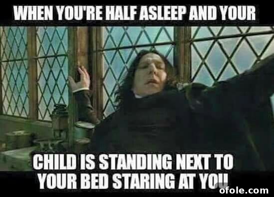 15 Relatable Memes That Perfectly Capture My Mom Life 4 Humorous meme showing a parent woken up by kids, with a look of exasperation