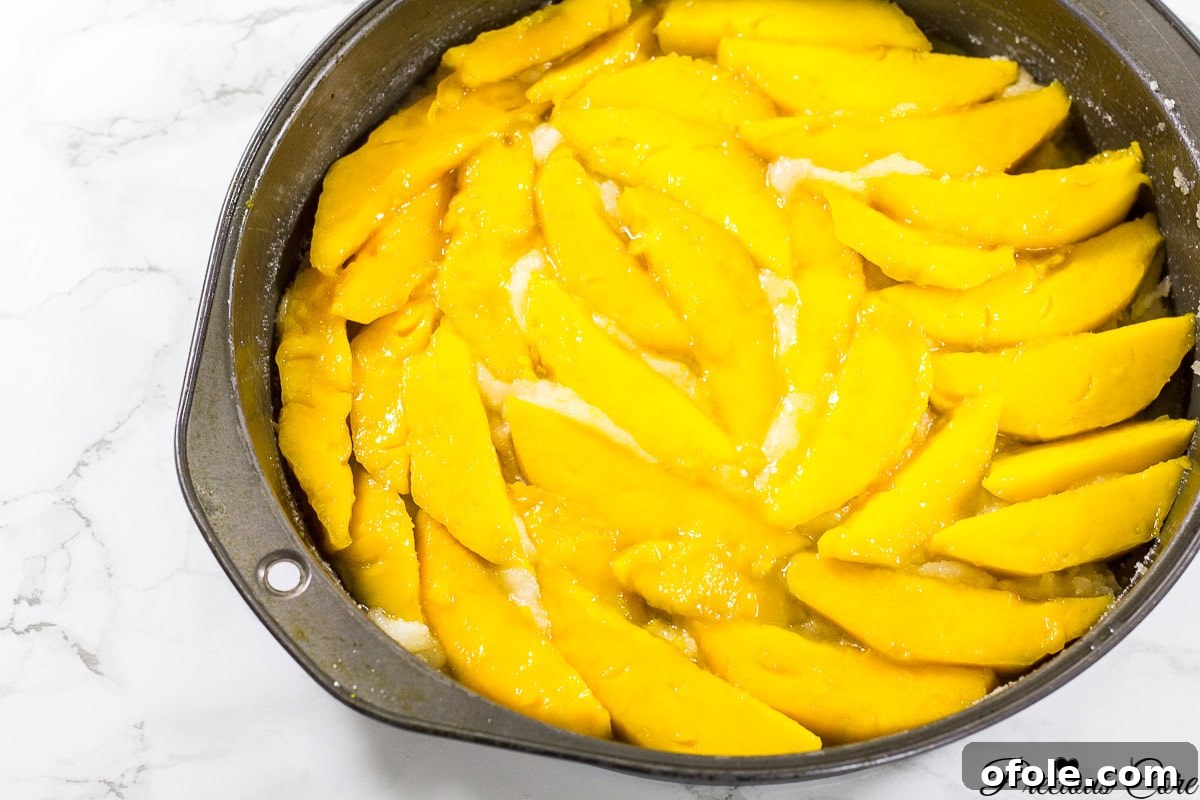 Caramelized Mango Flip-Over Cake 5 A baking pan with sliced mangoes arranged over a butter-sugar mixture