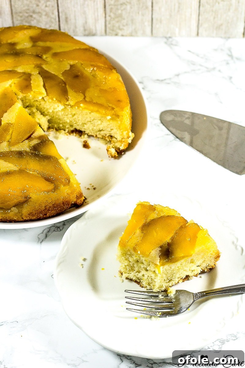 Caramelized Mango Flip-Over Cake 9 A slice of the magnificent upside down mango cake, ready to be enjoyed