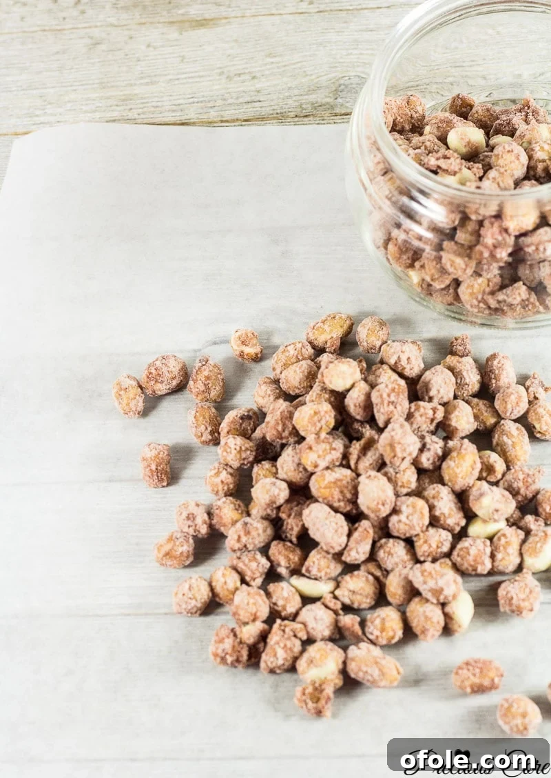 Homemade Candied Peanuts 3 Candied nuts artfully arranged in and around a glass jar, showcasing their sugar coating.