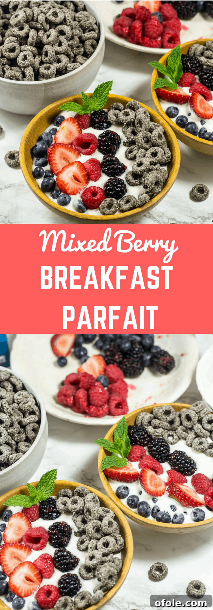 Fast & Fresh Berry Parfait for Busy Mornings 6 Collage with text "Mixed Berry Breakfast Parfait" featuring a bowl of the delicious parfait.