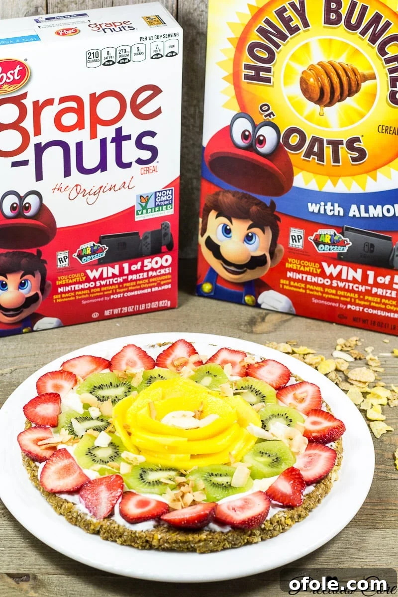 The Cereal-Crusted Breakfast Pizza 2 This breakfast pizza is made with a nutty cereal crust then topped with Greek yogurt and tropical fruits. It is simple, healthy and delicious!