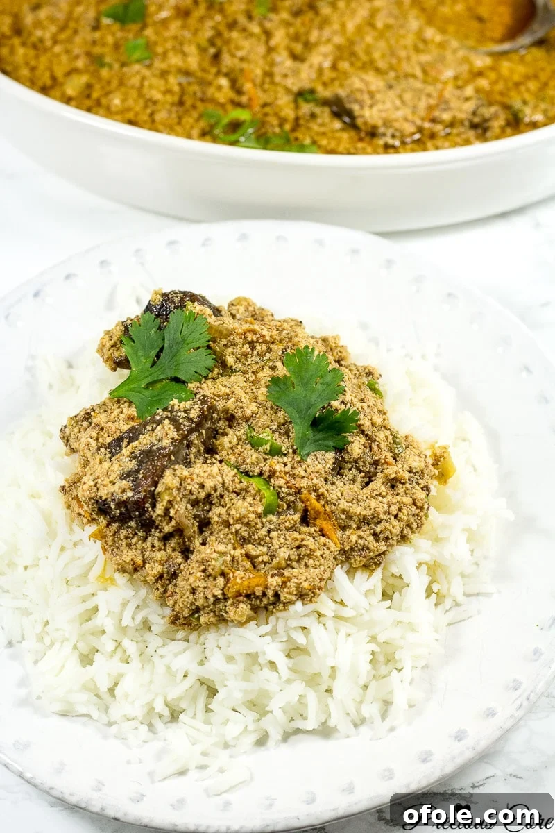 The Next Title 4 Egusi stew with boiled rice - A serving of Egusi stew with rice in a white bowl, ready to eat.