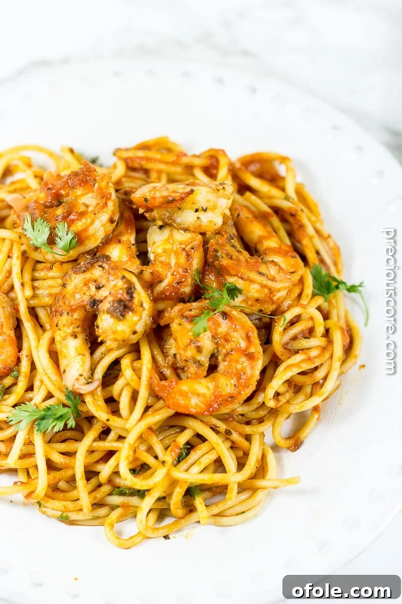 Close-up of Blackened Shrimp Pasta, showcasing vibrant colors and textures