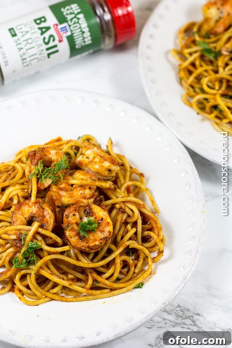 Blackened Shrimp and Pasta served as a complete dinner