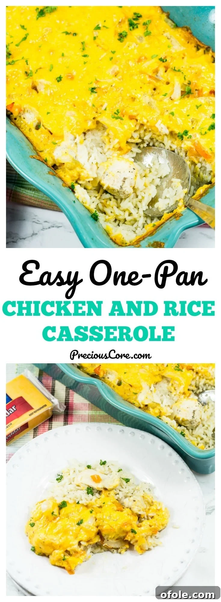 Collage with text "Easy One-Pan Chicken and Rice Casserole."