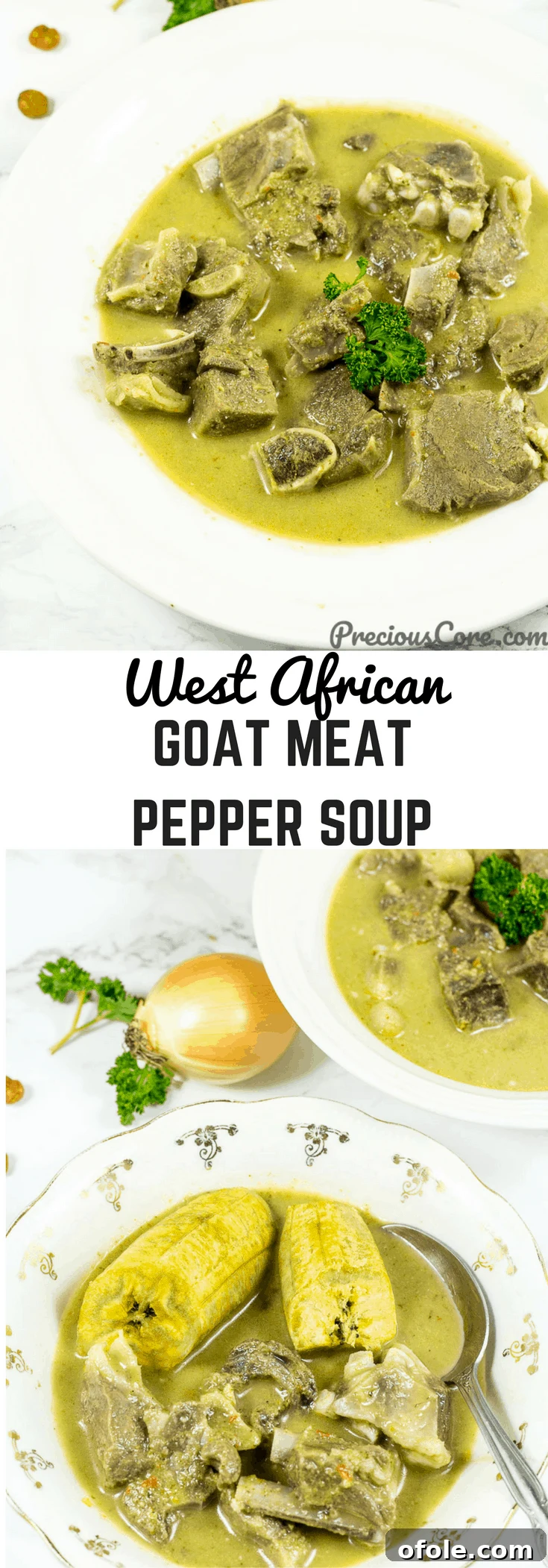 Fiery Goat Pepper Soup 7 Collage with text "West African Goat Meat Pepper Soup." featuring appetizing images of the soup.