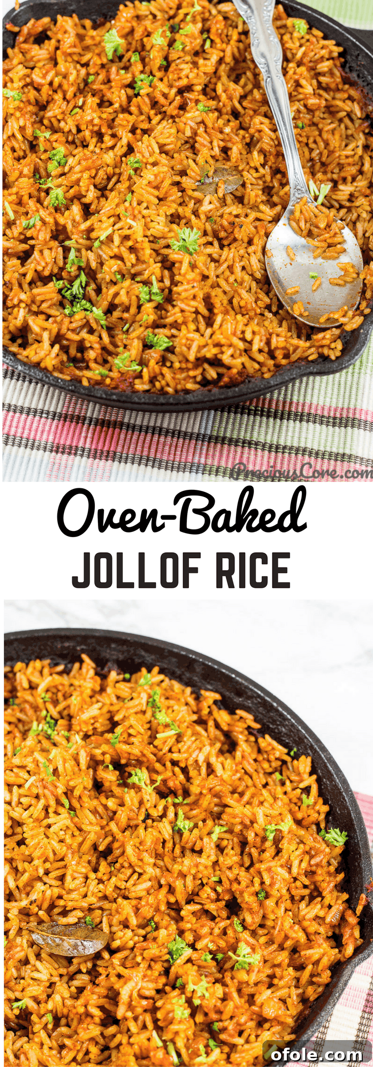 Easy Oven Baked Jollof Rice 6 Collage of rice with text "Oven-Baked Jollof Rice."