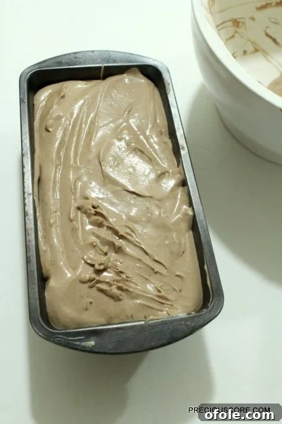 Effortless Chocolate Ice Cream 7 Pouring ice cream mixture into a loaf pan