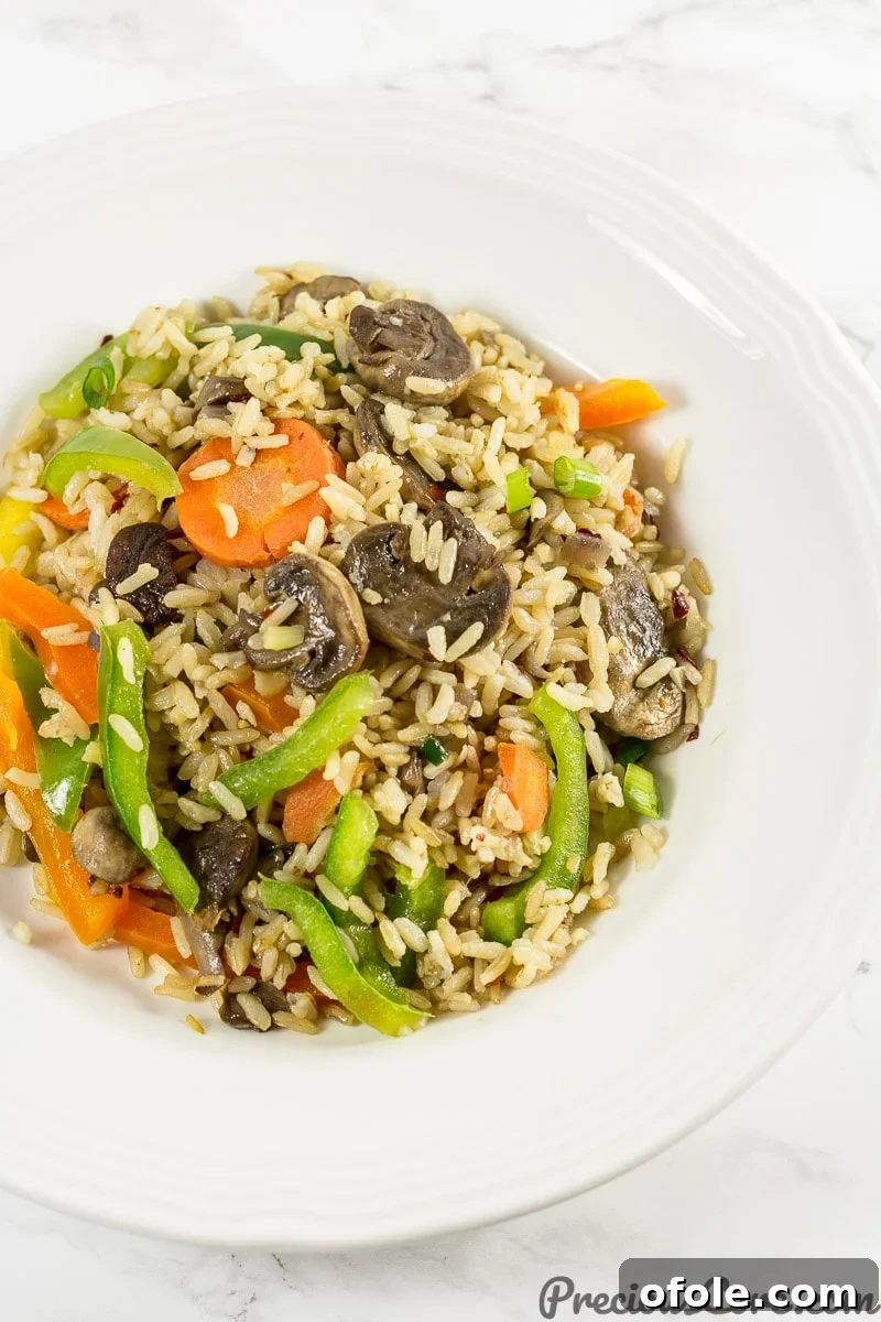 Umami Mushroom Fried Rice 3 A close-up shot of a plate of mushroom fried rice, garnished with fresh green onions, ready to be enjoyed.
