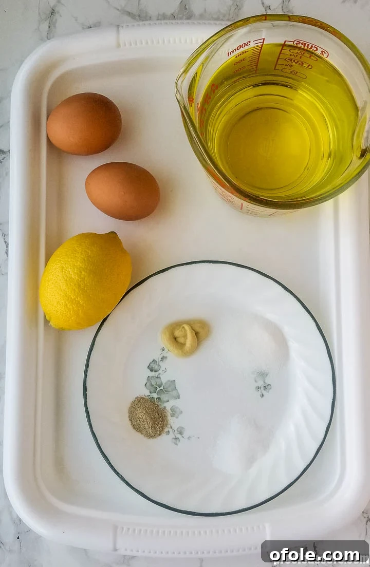 Mastering Homemade Mayonnaise 4 Ingredients for mayonnaise on a tray.