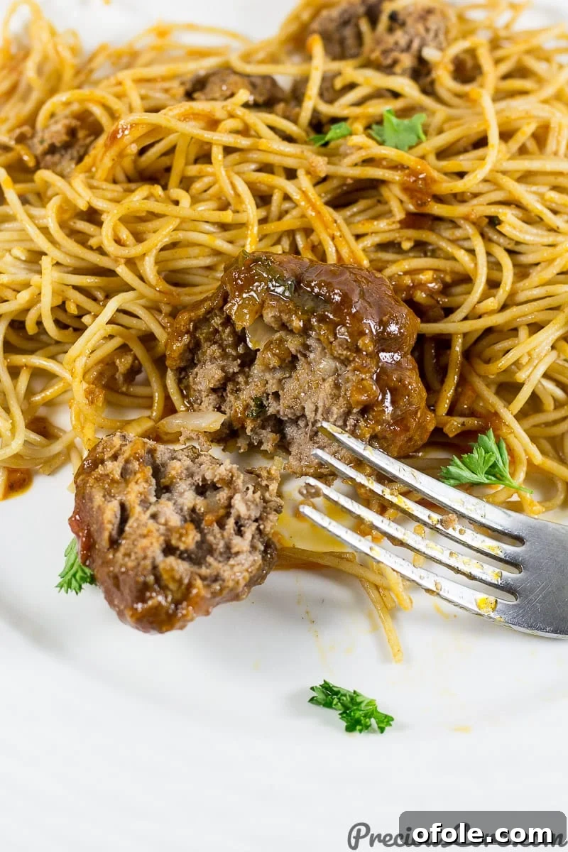 A delectable serving of African meatballs generously coated in sauce, paired perfectly with spaghetti.