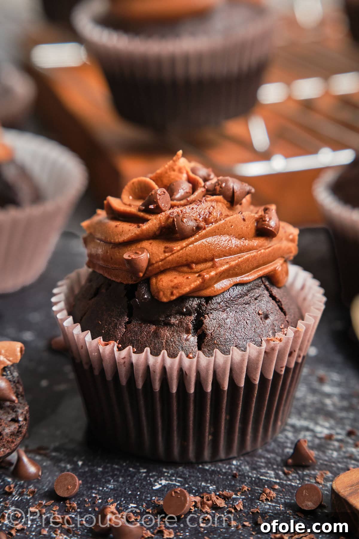 Decadent Chocolate Cupcakes 2 Zoom-in on a chocolate cupcake with chocolate frosting, highlighting its moist texture and rich appearance.