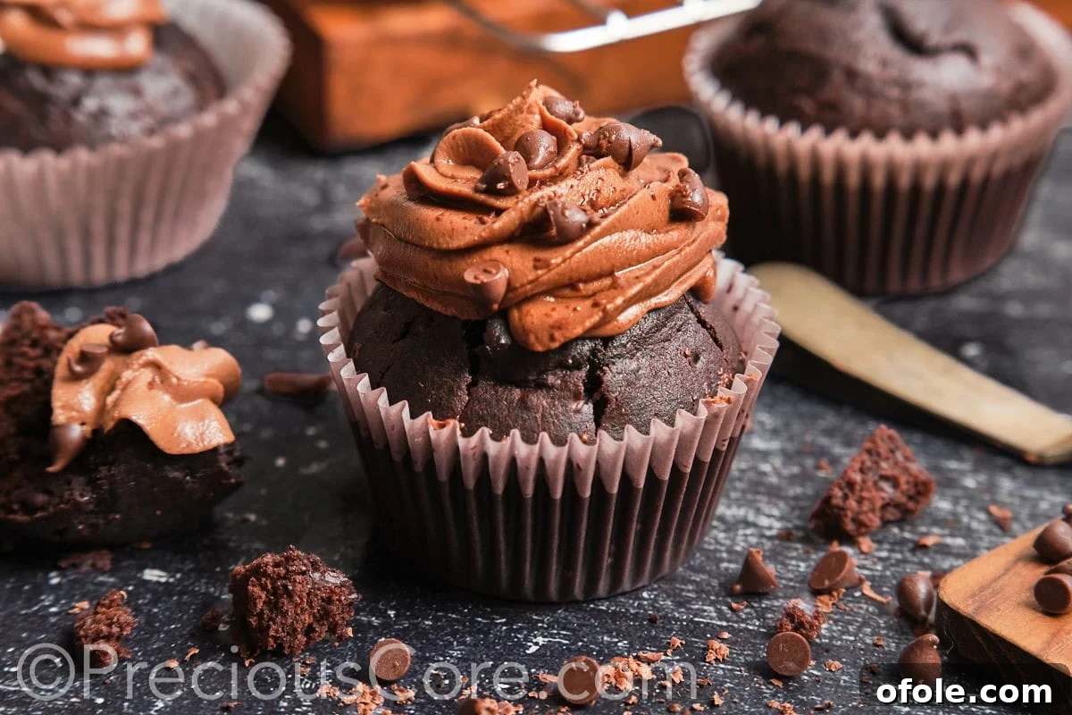 Decadent Chocolate Cupcakes 3 Landscape image of a beautifully frosted, moist chocolate cupcake ready to be enjoyed.