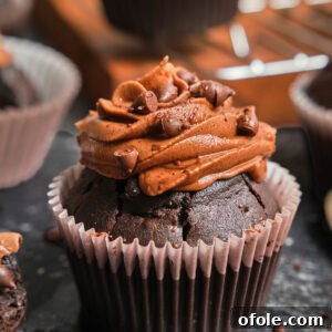 A beautifully decorated chocolate cupcake with chocolate frosting.