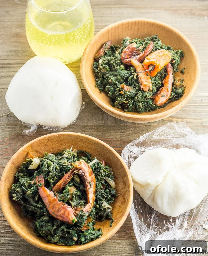 How to Make Fufu Corn 5 A serving of Corn Fufu alongside a delicious Pumpkin Leaf Stew.